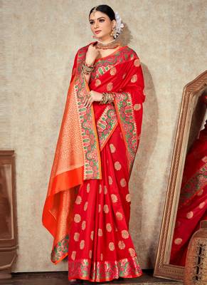 Red woven art silk saree with blouse 2