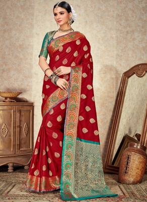 Maroon woven art silk saree with blouse 1
