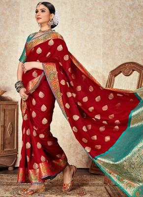 Maroon woven art silk saree with blouse 2