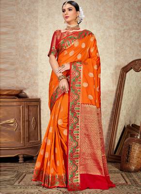 Orange woven art silk saree with blouse 1
