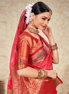 Pink woven art silk saree with blouse 5