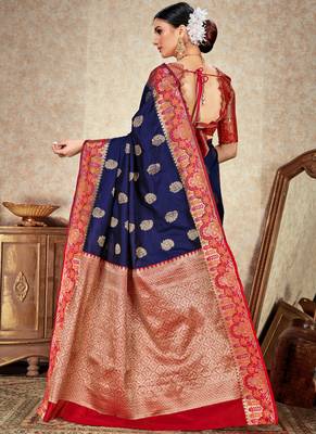Navy blue woven art silk saree with blouse 2
