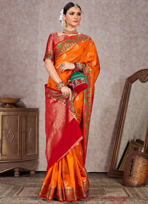 Orange woven art silk saree with blouse 2
