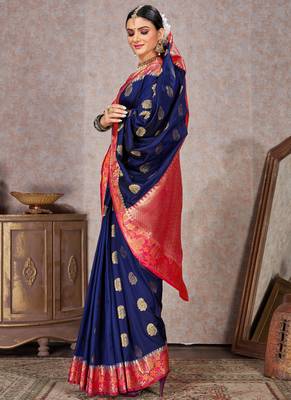 Navy blue woven art silk saree with blouse 3