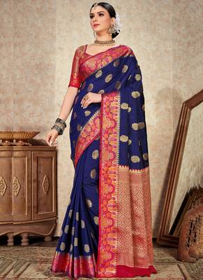 Navy blue woven art silk saree with blouse 4