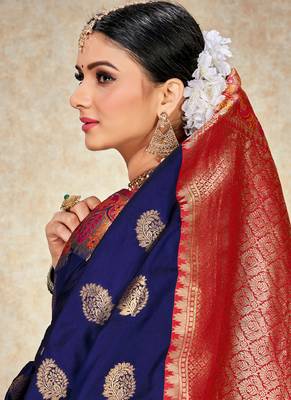 Navy blue woven art silk saree with blouse 5