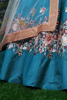 Teal Blue Sequins, Resham, Thread And Dori Embroidered Art Silk lehenga choli for wedding