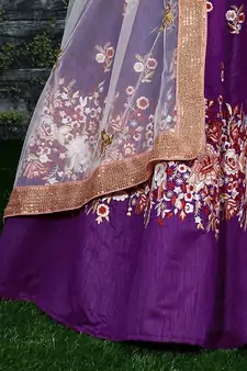 Purple Sequins Resham Thread And Dori Embroidered Art Silk Lehenga Choli For Bride