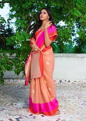 Womens  Designer Orange Linen Tissue Saree With  Blouse 1