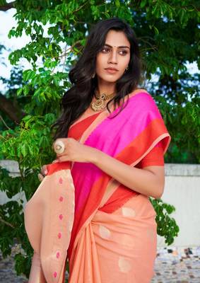 Womens  Designer Orange Linen Tissue Saree With  Blouse 2
