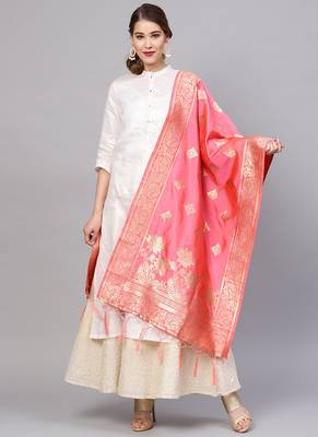 Women Peach Color Woven Traditional Dupatta 1