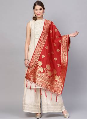 Women Red Color Woven Traditional Dupatta 1