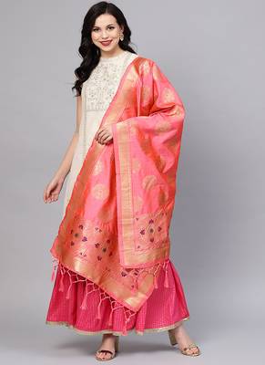 Women Light Peach Color Woven Traditional Dupatta 1