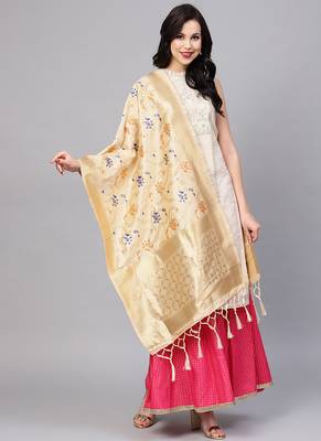 Women Cream Color Woven Traditional Dupatta 1