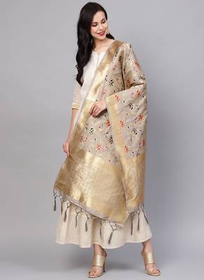 Women Grey Color Woven Traditional Dupatta 1