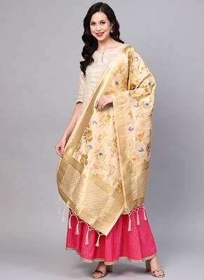 Women Cream Color Woven Traditional Dupatta 1