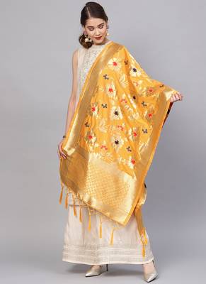 Women Mustard Color Woven Traditional Dupatta 1
