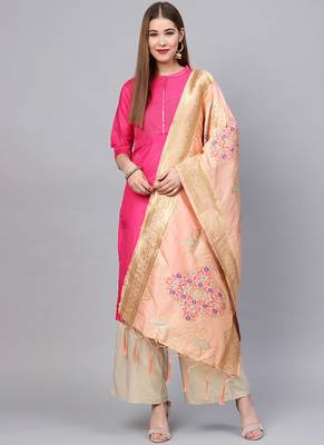 Women pink Peach Color Woven Traditional Dupatta 1