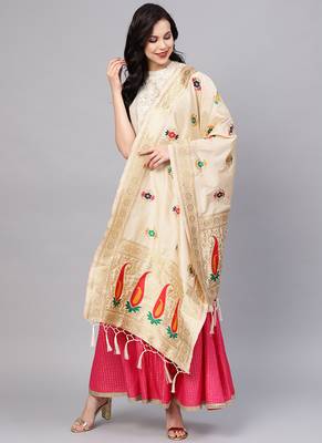 Women Cream Color Woven Traditional Dupatta 1