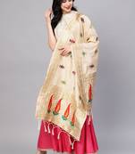 Women Cream Color Woven Traditional Dupatta