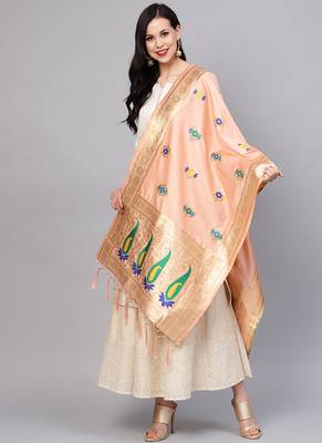 Women Peach Color Woven Traditional Dupatta 1