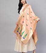 Women Peach Color Woven Traditional Dupatta