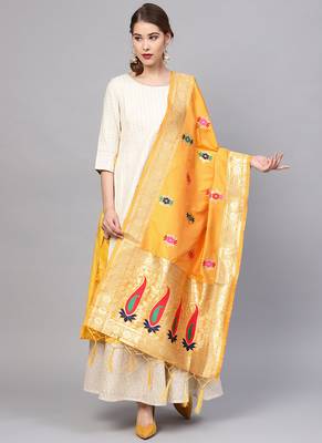 Women Yellow Color Woven Traditional Dupatta 1