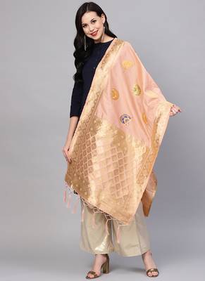 Women pink Peach Color Woven Traditional Dupatta 1