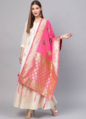 Women Pink Color Woven Traditional Dupatta 1