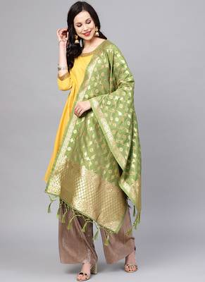 Women Green Color Woven Traditional Dupatta 1