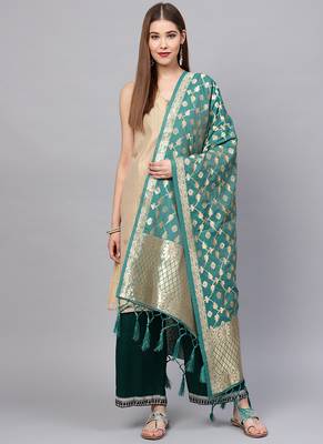 Women Green Color Woven Traditional Dupatta 1