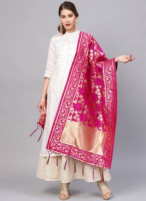 Women Magenta Color Woven Traditional Dupatta 1