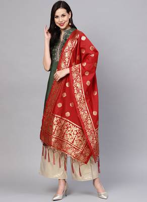 Women Crimson Red Color Woven Traditional Dupatta 1