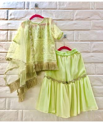 Yellow Green Chikan Work Sharara Kurta 1