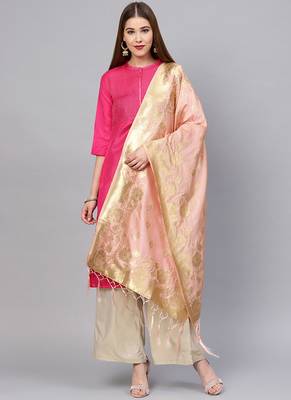 Women Baby Pink Color Woven Traditional Dupatta 1
