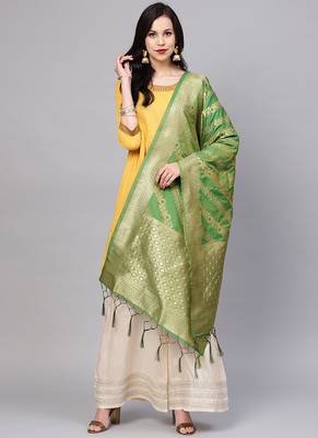 Women Light Green Color Woven Banarasi Dupatta 1