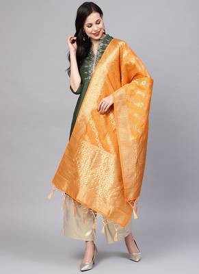 Women Orange Color Woven Banarasi Dupatta 1