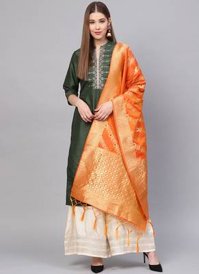 Women Dark Orange Color Woven Banrasi Dupatta 1
