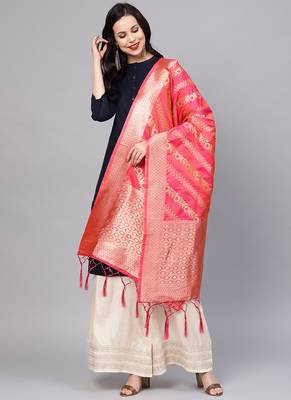Women Pink Color Woven Banarasi Dupatta 1