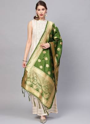 Women Green Color Woven Banarasi Dupatta 1