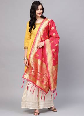 Women Pink Color Woven Banarasi Dupatta 1