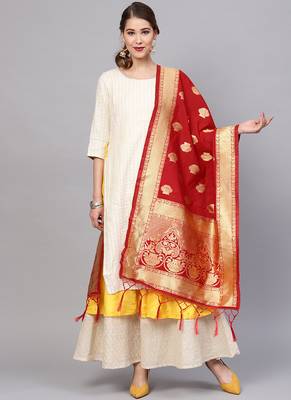 Women Scarlet Red Color Woven Banarasi Dupatta 1