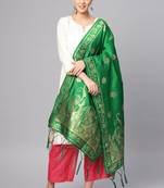 Women Green Color Woven Banarasi Dupatta