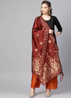 Women Maroon Color Woven Banarasi Dupatta 1