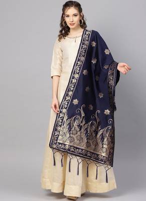 Women Navy blue Color Woven Banarasi Dupatta 1