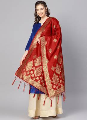Women Red Color Woven Banarasi Dupatta 1