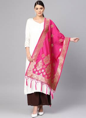 Women Rani Pink Color Woven Banarasi Dupatta 1