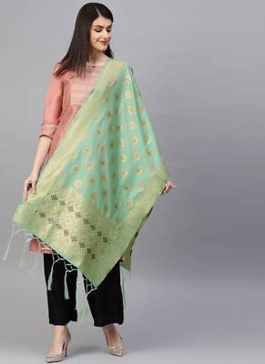 Women Sea Green Color Woven Banarasi Dupatta 1