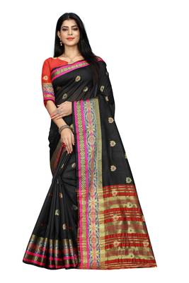 Women   s black South Cotton Designer saree With Jacquard butta All Over 1