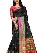 Women   s black South Cotton Designer saree With Jacquard butta All Over